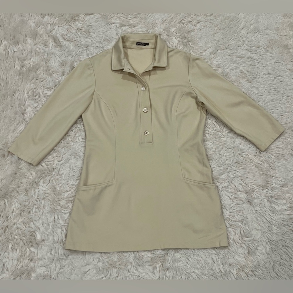 J. McLaughlinโ Womenโs Tunic Top Small Cream Pockets Solid Button Collared Solid